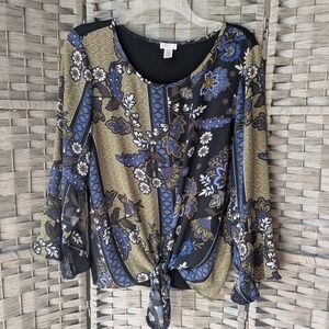 Floral Paisley Mixed Media Tie Front Bell Sleeve Blouse Top Womens L Boho Artsy